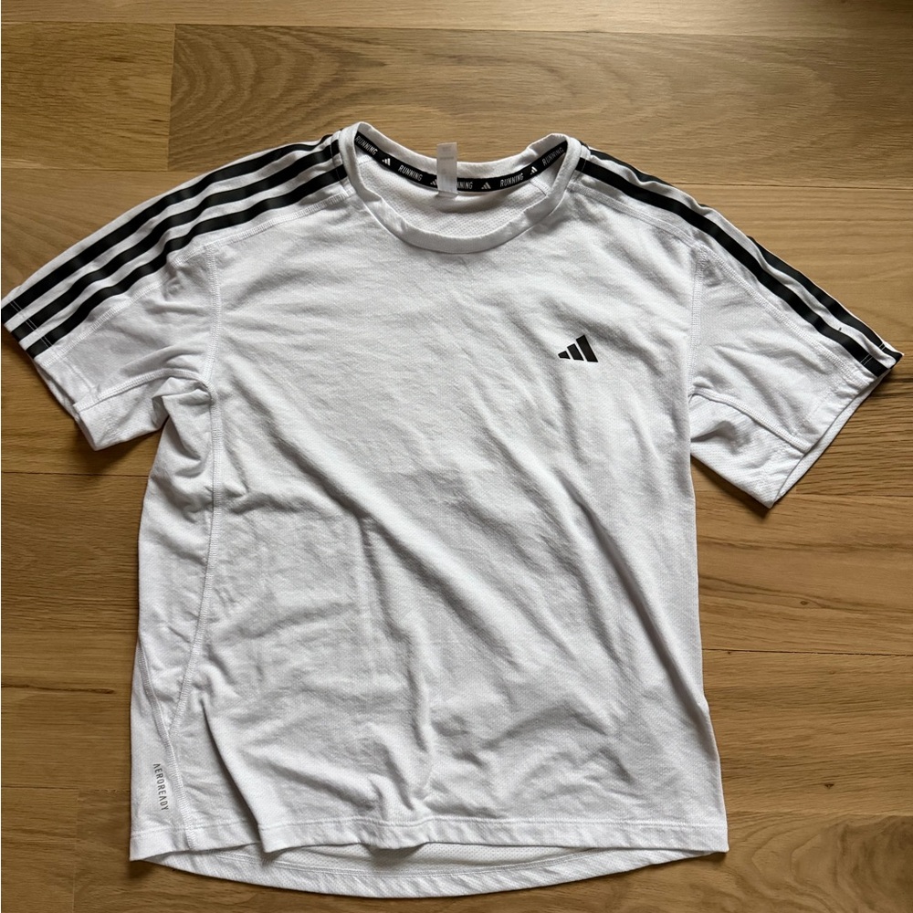 adidas White Short-Sleeve Tee with Black Shoulder Stripes